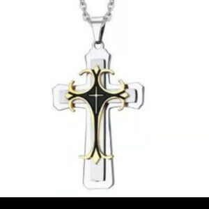 Jesus Cross Stainless Steel Necklace Black and gold with chain New in Box